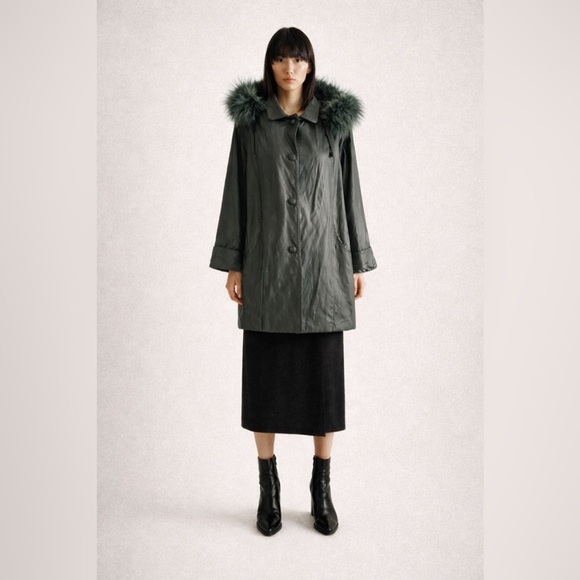 Marie-Josee Jackets & Blazers - VINTAGE - Green Leather Coat with Genuine Fur Hood Oversized 90s Statement Coat